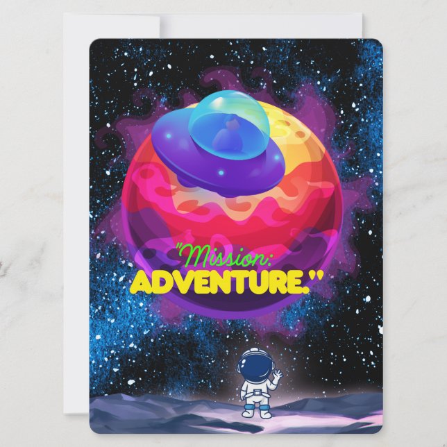 TARJETA FESTIVA ALIENÍGENA, UNIVERSO, COHETE ESPACIAL, PLANETA Y A (Anverso)