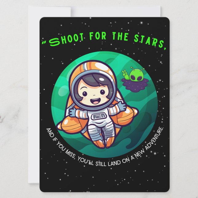 TARJETA FESTIVA ALIENÍGENA, UNIVERSO, COHETE ESPACIAL, PLANETA Y A (Anverso)