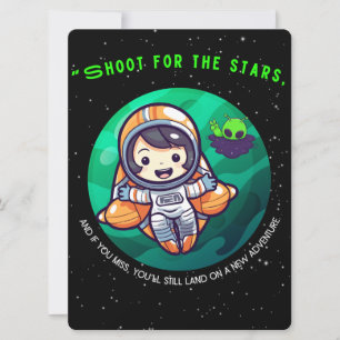 TARJETA FESTIVA ALIENÍGENA, UNIVERSO, COHETE ESPACIAL, PLANETA Y A