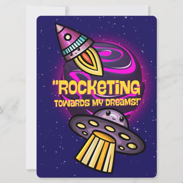 TARJETA FESTIVA ALIENÍGENA, UNIVERSO, COHETE ESPACIAL, PLANETA Y A (Anverso)