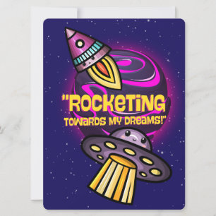 TARJETA FESTIVA ALIENÍGENA, UNIVERSO, COHETE ESPACIAL, PLANETA Y A