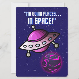 TARJETA FESTIVA ALIENÍGENA, UNIVERSO, COHETE ESPACIAL, PLANETA Y A