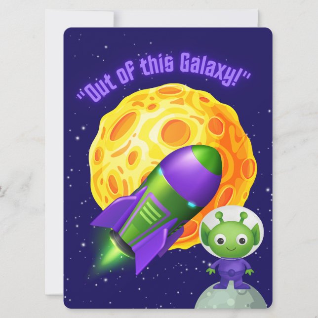 TARJETA FESTIVA ALIENÍGENA, UNIVERSO, COHETE ESPACIAL, PLANETA Y A (Anverso)
