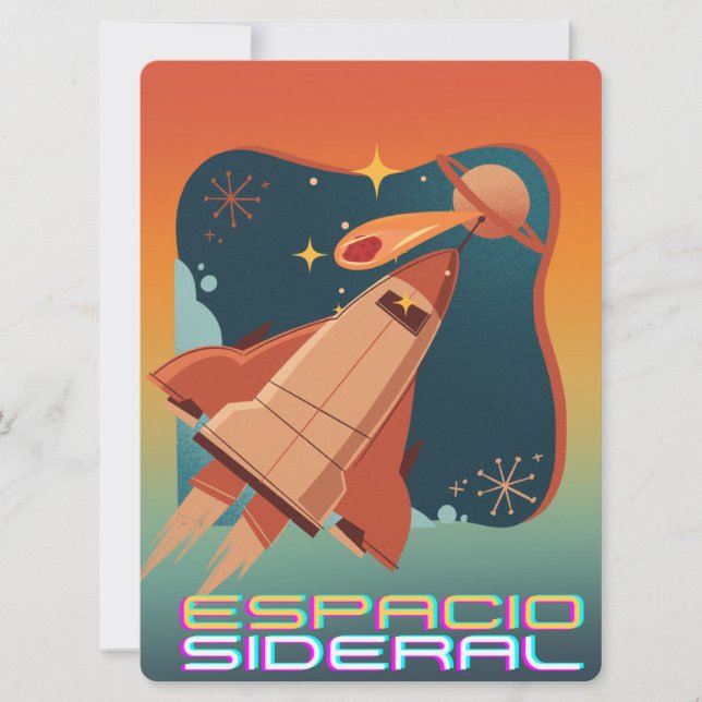 TARJETA FESTIVA ALIENÍGENA, UNIVERSO, COHETE ESPACIAL, PLANETA Y A (Anverso)