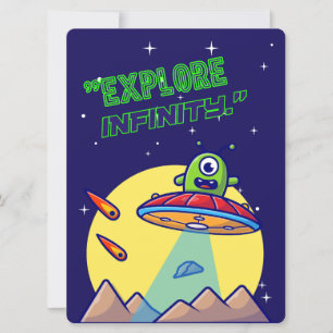 TARJETA FESTIVA ALIENÍGENA, UNIVERSO, COHETE ESPACIAL, PLANETA Y A