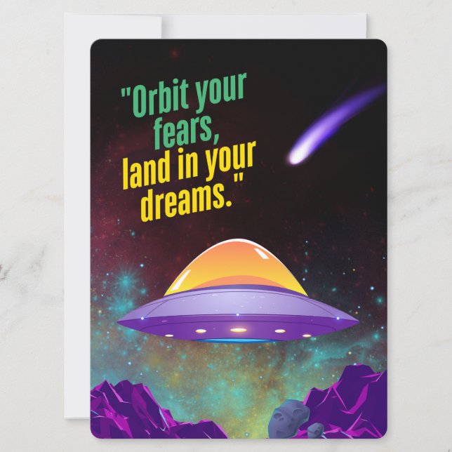 TARJETA FESTIVA ALIENÍGENA, UNIVERSO, COHETE ESPACIAL, PLANETA Y A (Anverso)