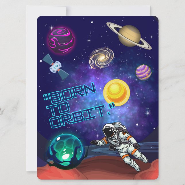 TARJETA FESTIVA ALIENÍGENA, UNIVERSO, COHETE ESPACIAL, PLANETA Y A (Anverso)