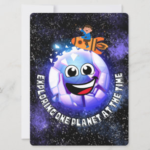 TARJETA FESTIVA ALIENÍGENA, UNIVERSO, COHETE ESPACIAL, PLANETA Y A
