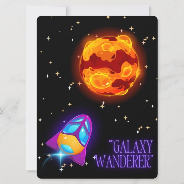 TARJETA FESTIVA ALIENÍGENA, UNIVERSO, COHETE ESPACIAL, PLANETA Y A (Anverso)