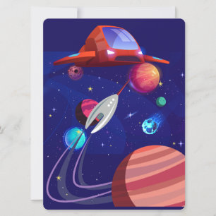 TARJETA FESTIVA ALIENÍGENA, UNIVERSO, COHETE ESPACIAL, PLANETA Y A