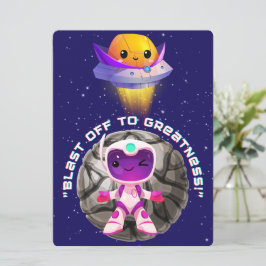 TARJETA FESTIVA ALIENÍGENA, UNIVERSO, COHETE, PLANETA Y ASTRONAUTA