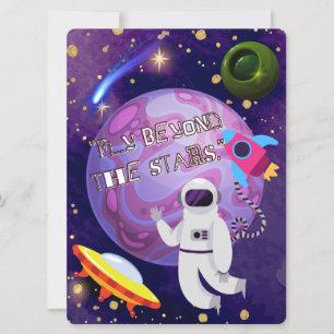 TARJETA FESTIVA ALIENÍGENA, UNIVERSO, COHETE, PLANETA Y ASTRONAUTA