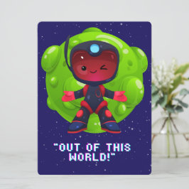 TARJETA FESTIVA ALIENÍGENA, UNIVERSO, COHETE, PLANETA Y ASTRONAUTA