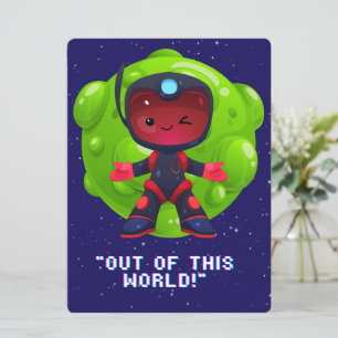 TARJETA FESTIVA ALIENÍGENA, UNIVERSO, COHETE, PLANETA Y ASTRONAUTA