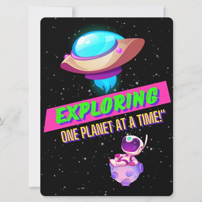 TARJETA FESTIVA ALIENÍGENA, UNIVERSO, COHETE, PLANETA Y ASTRONAUTA (Anverso)