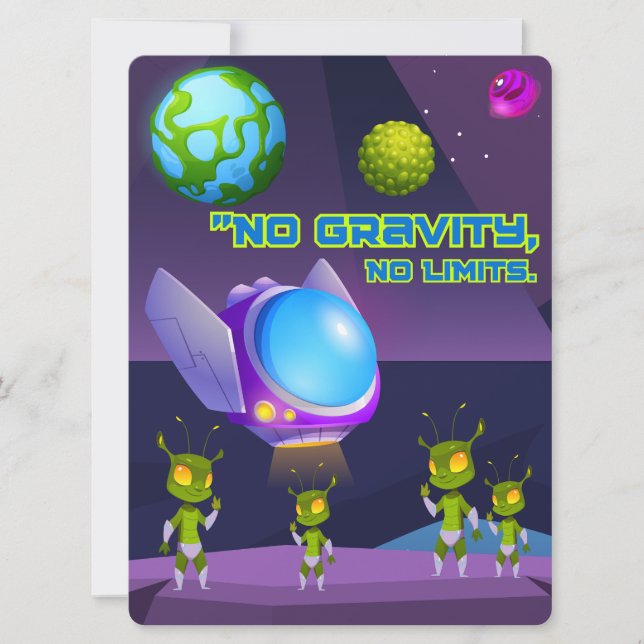 TARJETA FESTIVA ALIENÍGENA, UNIVERSO, COHETE, PLANETA Y ASTRONAUTA (Anverso)