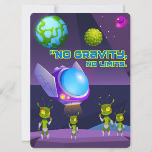 TARJETA FESTIVA ALIENÍGENA, UNIVERSO, COHETE, PLANETA Y ASTRONAUTA