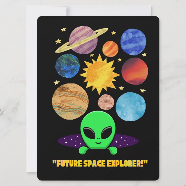 TARJETA FESTIVA ALIENÍGENA, UNIVERSO, COHETE, PLANETA Y ASTRONAUTA (Anverso)