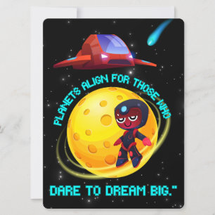 TARJETA FESTIVA ALIENÍGENA, UNIVERSO, COHETE, PLANETA Y ASTRONAUTA