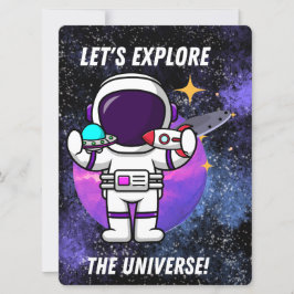 TARJETA FESTIVA ALIENÍGENA, UNIVERSO, COHETE, PLANETA Y ASTRONAUTA