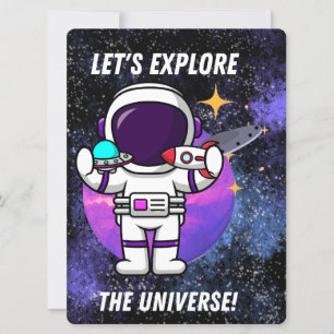 TARJETA FESTIVA ALIENÍGENA, UNIVERSO, COHETE, PLANETA Y ASTRONAUTA