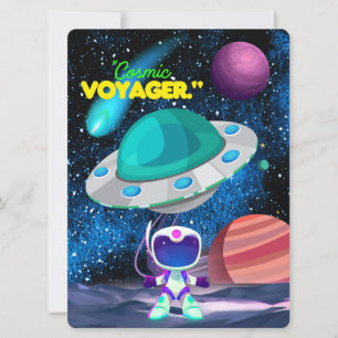 TARJETA FESTIVA ALIENÍGENA, UNIVERSO, COHETE, PLANETA Y ASTRONAUTA