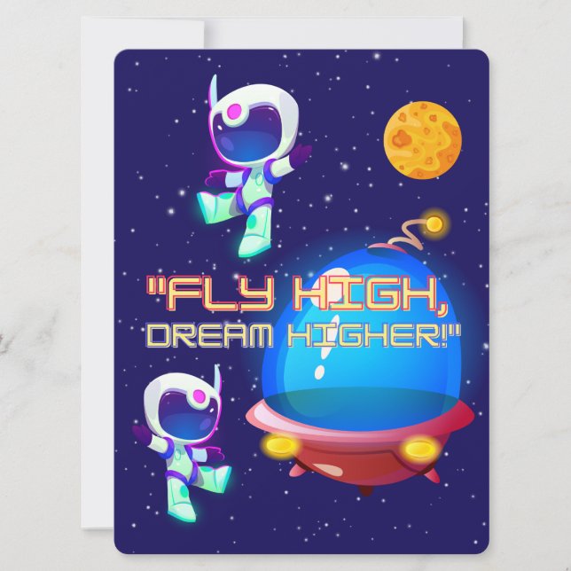 TARJETA FESTIVA ALIENÍGENA, UNIVERSO, COHETE, PLANETA Y ASTRONAUTA (Anverso)