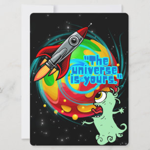TARJETA FESTIVA ALIENÍGENA, UNIVERSO, COHETE, PLANETA Y ASTRONAUTA