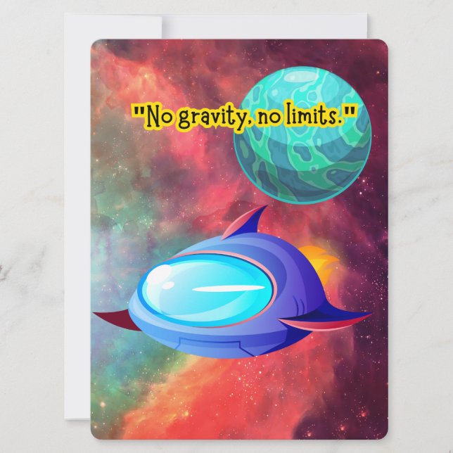 TARJETA FESTIVA ALIENÍGENA, UNIVERSO, COHETE, PLANETA Y ASTRONAUTA (Anverso)