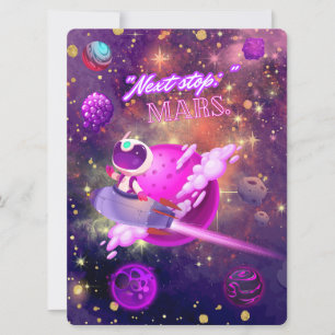 TARJETA FESTIVA ALIENÍGENA, UNIVERSO, COHETE, PLANETA Y ASTRONAUTA