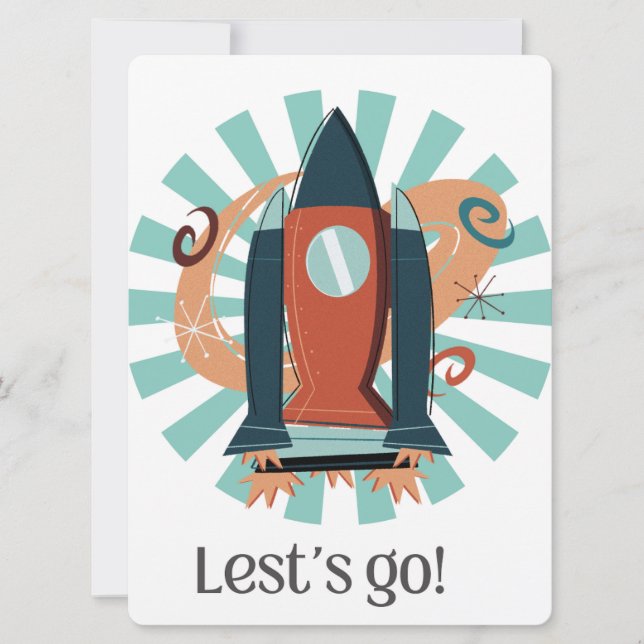 TARJETA FESTIVA ALIENÍGENA, UNIVERSO, COHETE, PLANETA Y ASTRONAUTA (Anverso)