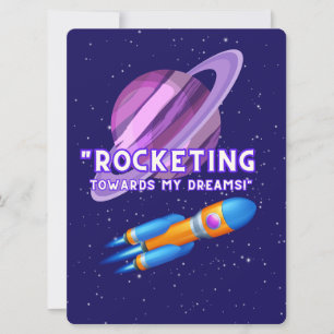 TARJETA FESTIVA ALIENÍGENA, UNIVERSO, COHETE, PLANETA Y ASTRONAUTA