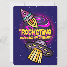 TARJETA FESTIVA ALIENÍGENA, UNIVERSO, COHETE, PLANETA Y ASTRONAUTA