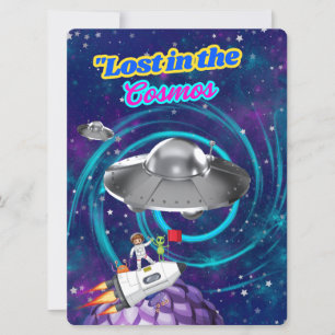 TARJETA FESTIVA ALIENÍGENA, UNIVERSO, COHETE, PLANETA Y ASTRONAUTA