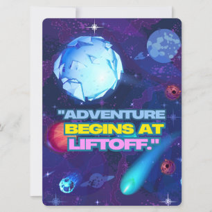 TARJETA FESTIVA ALIENÍGENA, UNIVERSO, COHETE, PLANETA Y ASTRONAUTA