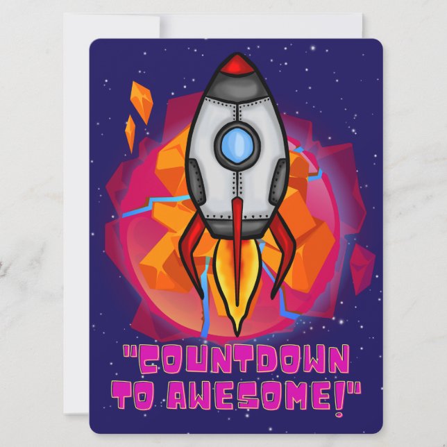 TARJETA FESTIVA ALIENÍGENA, UNIVERSO, COHETE, PLANETA Y ASTRONAUTA (Anverso)