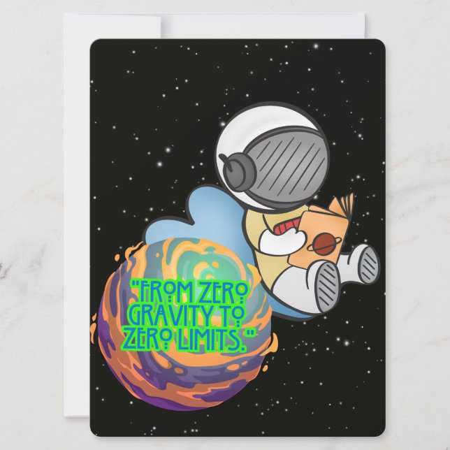 TARJETA FESTIVA ALIENÍGENA, UNIVERSO, COHETE, PLANETA Y ASTRONAUTA (Anverso)