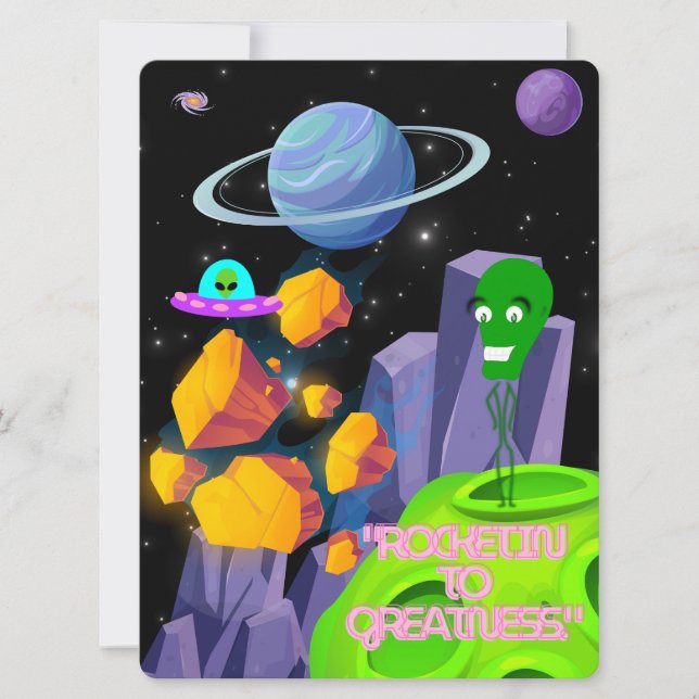 TARJETA FESTIVA ALIENÍGENA, UNIVERSO, COHETE, PLANETA Y ASTRONAUTA (Anverso)