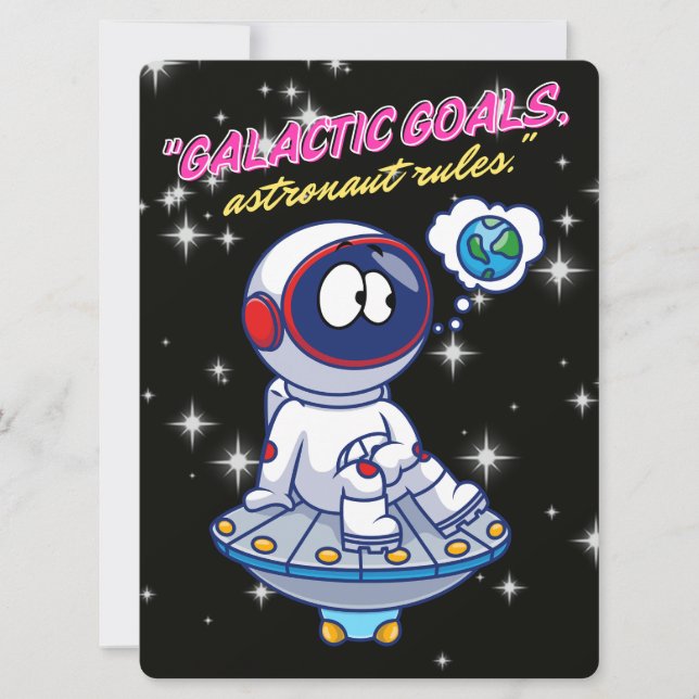 TARJETA FESTIVA ALIENÍGENA, UNIVERSO, COHETE, PLANETA Y ASTRONAUTA (Anverso)