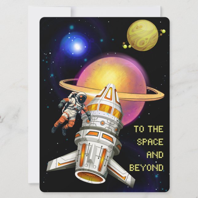 TARJETA FESTIVA ALIENÍGENA, UNIVERSO, COHETE, PLANETA Y ASTRONAUTA (Anverso)