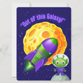 TARJETA FESTIVA ALIENÍGENA, UNIVERSO, COHETE, PLANETA Y ASTRONAUTA