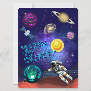 TARJETA FESTIVA ALIENÍGENA, UNIVERSO, COHETE, PLANETA Y ASTRONAUTA