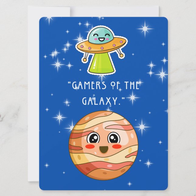 TARJETA FESTIVA ALIENÍGENA, UNIVERSO, COHETE, PLANETA Y ASTRONAUTA (Anverso)