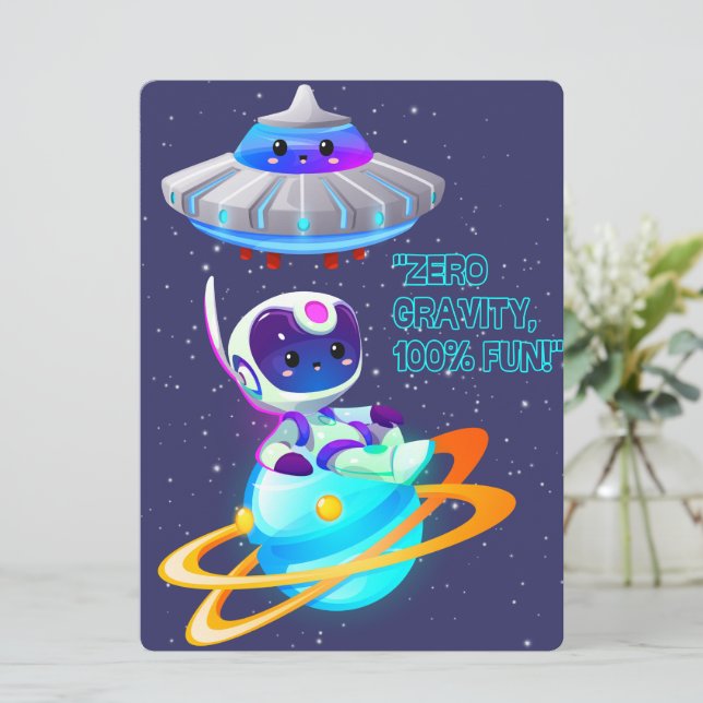 TARJETA FESTIVA ALIENÍGENA, UNIVERSO, COHETE, PLANETA Y ASTRONAUTA (Anverso de pie)