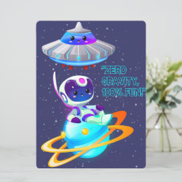 TARJETA FESTIVA ALIENÍGENA, UNIVERSO, COHETE, PLANETA Y ASTRONAUTA