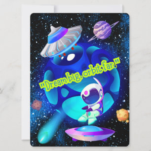 TARJETA FESTIVA ALIENÍGENA, UNIVERSO, COHETE, PLANETA Y ASTRONAUTA
