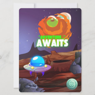 TARJETA FESTIVA ALIENÍGENA, UNIVERSO, COHETE, PLANETA Y ASTRONAUTA