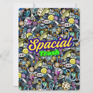 TARJETA FESTIVA ALIENÍGENA, UNIVERSO, COHETE, PLANETA Y ASTRONAUTA