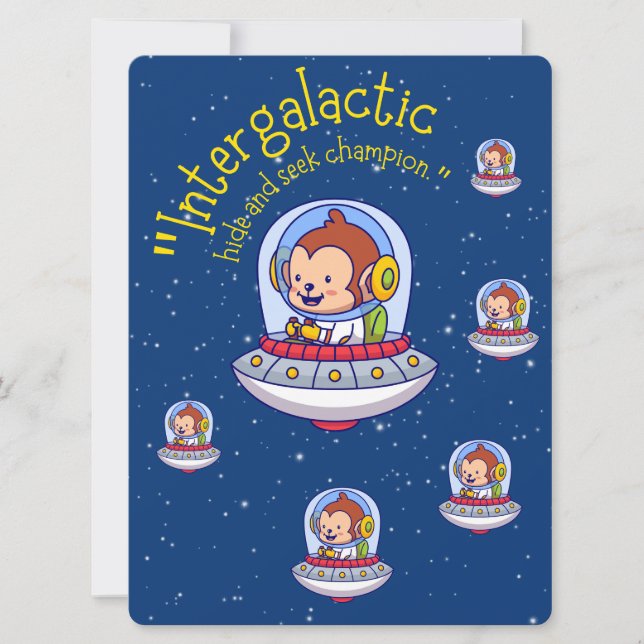 TARJETA FESTIVA ALIENÍGENA, UNIVERSO, COHETE, PLANETA Y ASTRONAUTA (Anverso)