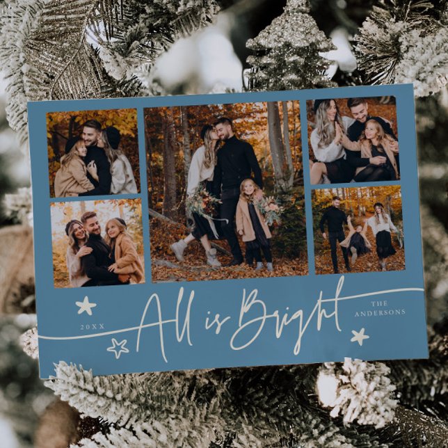 Tarjeta Festiva All Is Bright Denim Blue Multi Photo Holiday Card (Subido por el creador)